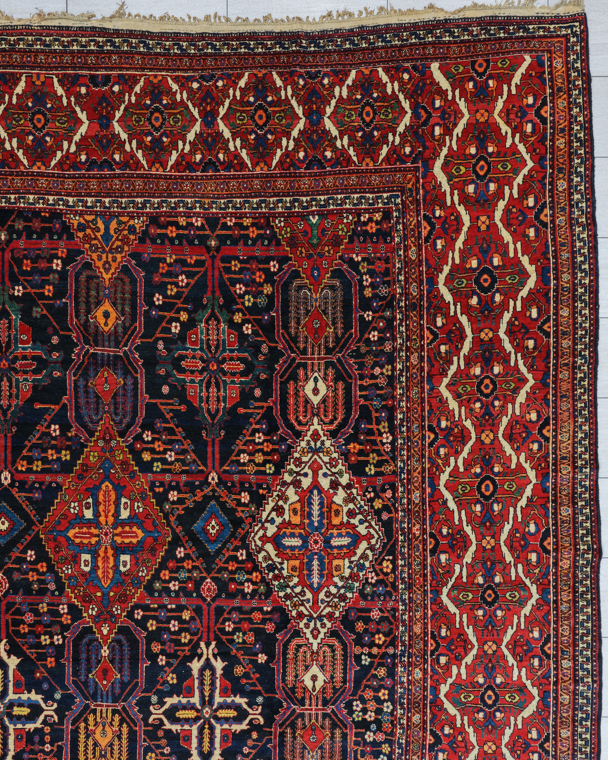 Antique Bakhtiari Shalamzar Rug Circa 1890 | 12' 5" X 22' 8" | Multicolour | Geometric Design | Tribal Production