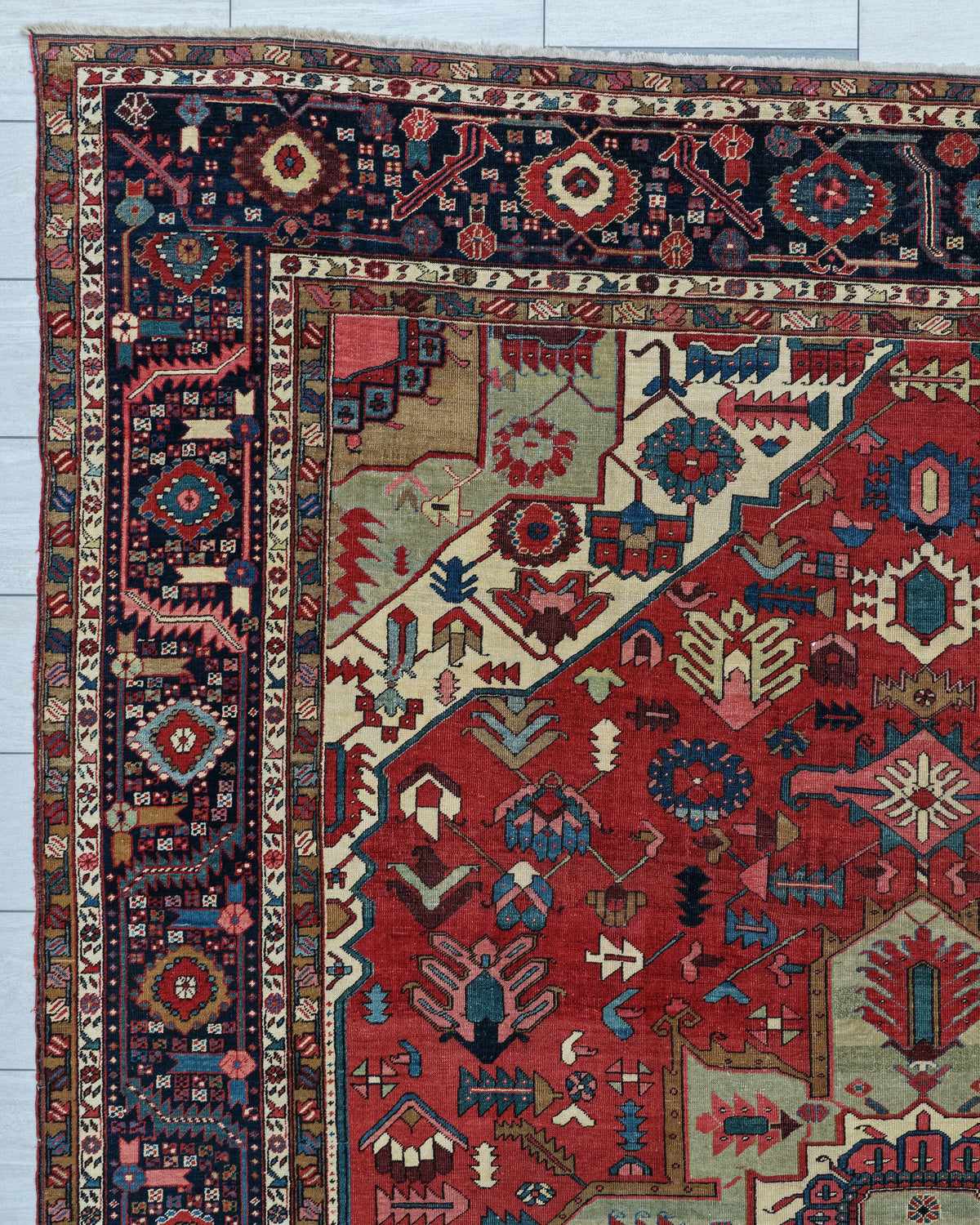 Antique Persian Serapi Heriz Rug Circa 1880 | 11' 2" X 14' 5" | Red Colour | Geometric Design | Tribal Production