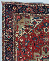 Antique Persian Serapi Heriz Rug Circa 1880 | 11' 2" X 14' 5" | Red Colour | Geometric Design | Tribal Production