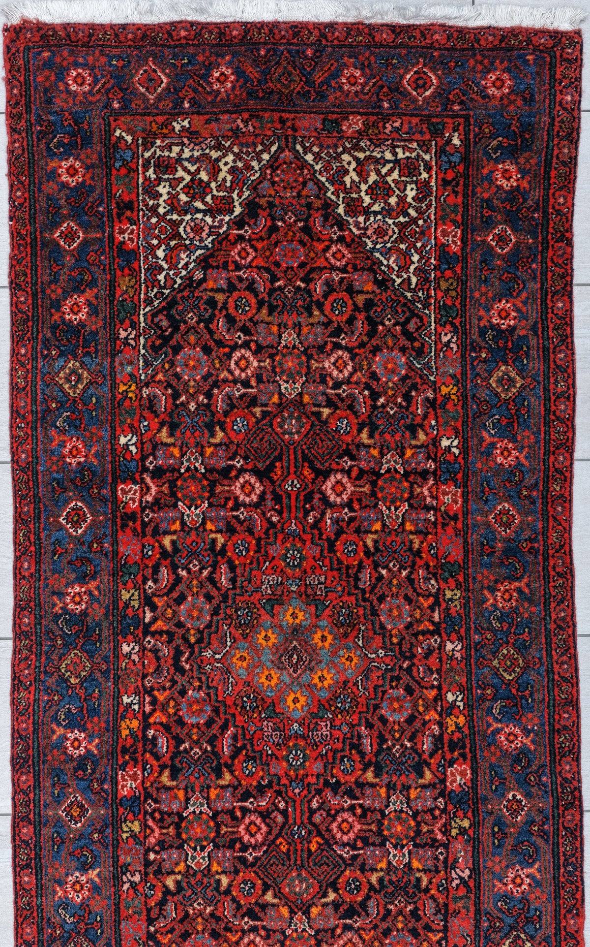 Antique Malayer Runner Circa 1930 | 3' 2" X 16' 11" | Red & Blue Colours | Geometric Design | Tribal Production