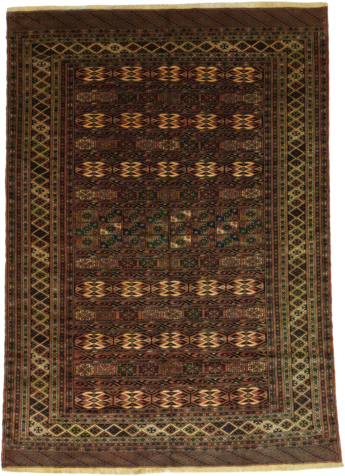 Persian Turkmen Rug | 6' 11" X 9' 8" | Intricate Geometric Design | Brown Colours | Tribal Production