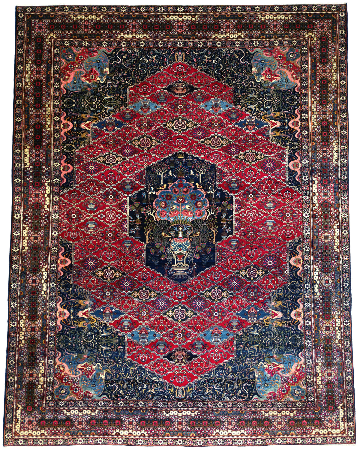 Antique Persian Bakhtiar Rug Circa 1920 | 10' 10" X 14' 1" |  Red & Midnight Blue Colours | Tribal Production