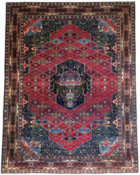 Antique Persian Bakhtiar Rug Circa 1920 | 10' 10" X 14' 1" |  Red & Midnight Blue Colours | Tribal Production