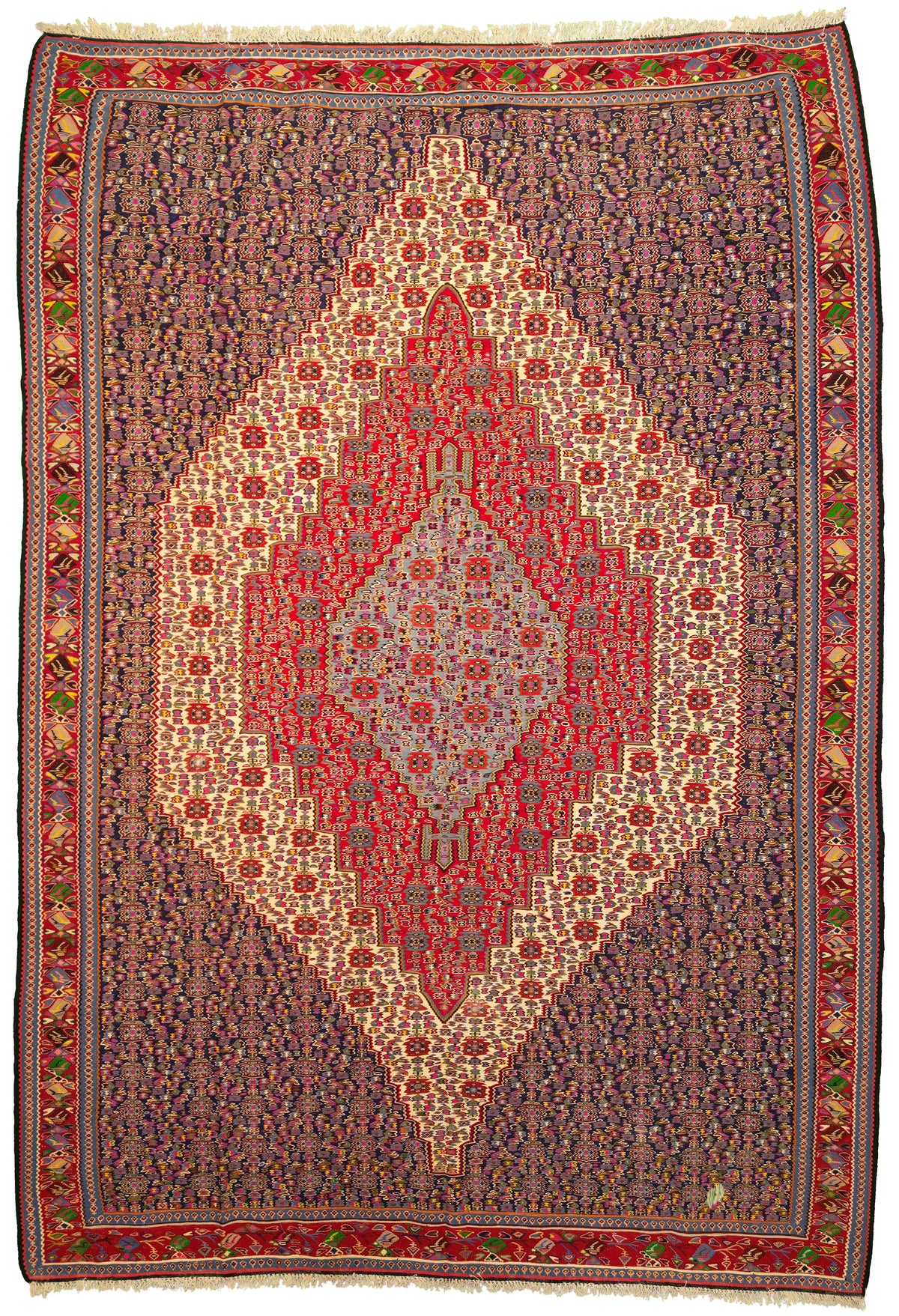 Persian Senneh Kilim (flat weave) Rug | 7' 1" X 10' 1" | Geometric Nesting Design | Red, Navy-Blue, & Ivory Colours | Tribal Production