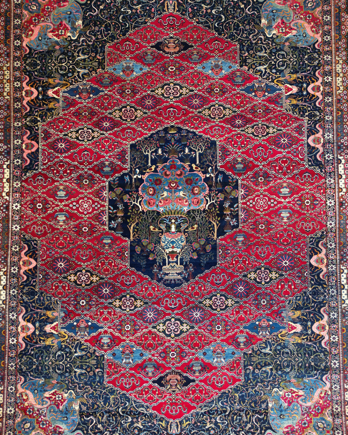 Antique Persian Bakhtiar Rug Circa 1920 | 10' 10" X 14' 1" |  Red & Midnight Blue Colours | Tribal Production