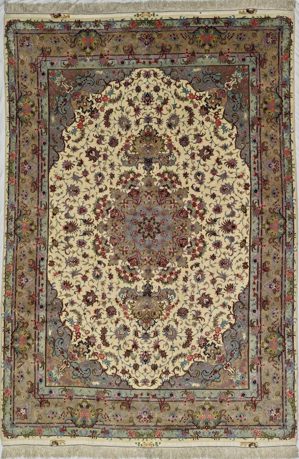 Persian Mashad Rug | 7' 11" X 11' 6" | Tabriz Design | Light Colours | Wool & Silk | Finely Woven | Urban Production