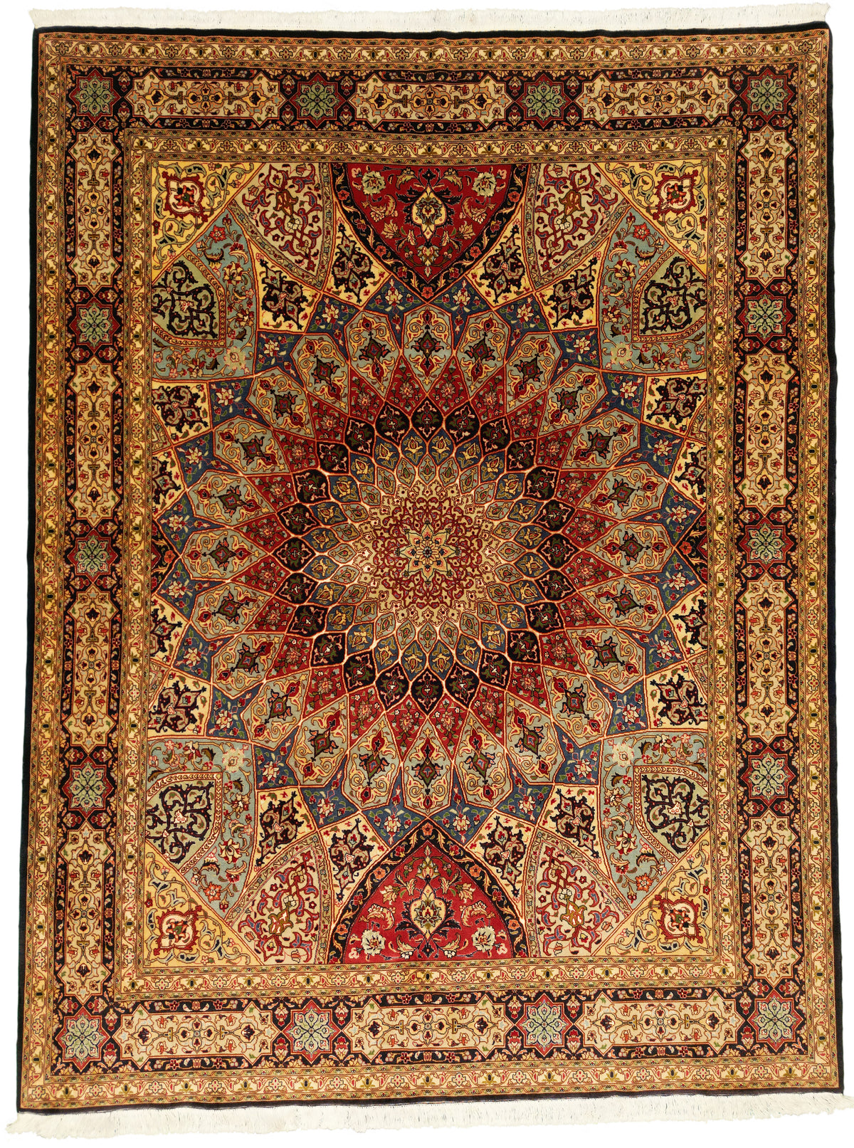 Persian Tabriz Rug | 6' 8" X 8' 9" | Dome / Gonbad Design | Multi-Colour | Wool & Silk | Extremely Fine | Urban Production