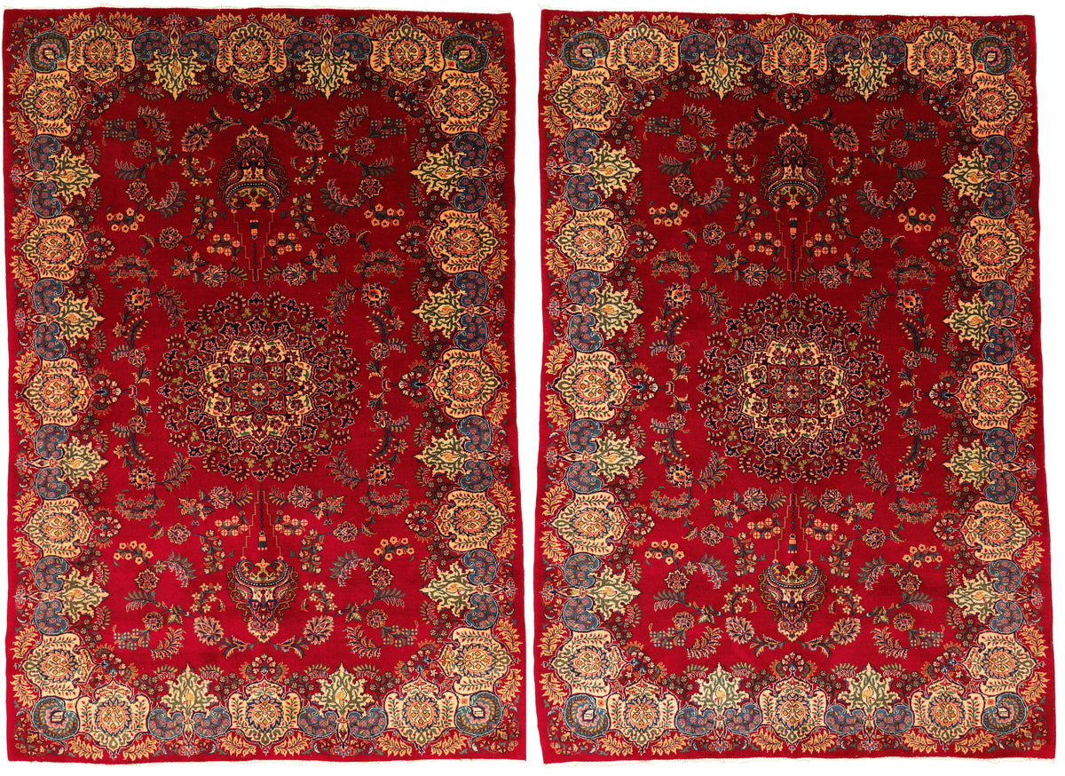 Vintage Persian Kashan Sanei Rug Pair Circa 1950 | 4' 6" X 6' 7" Each | Red Colour | Urban Production