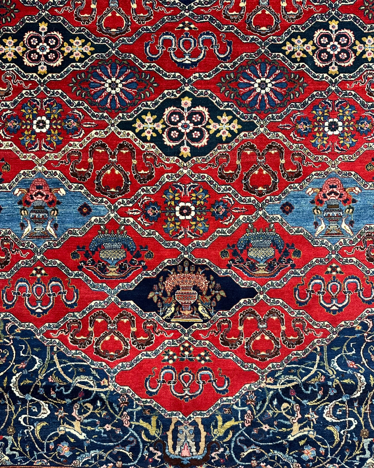 Antique Persian Bakhtiar Rug Circa 1920 | 10' 10" X 14' 1" |  Red & Midnight Blue Colours | Tribal Production