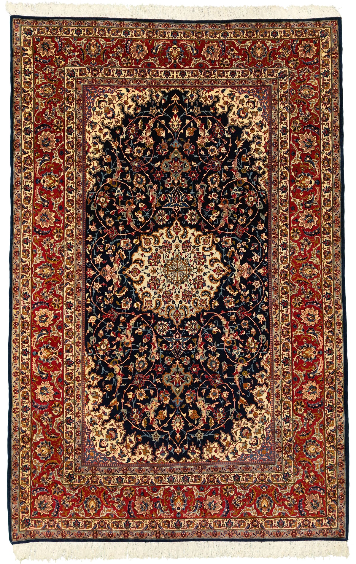 Vintage Persian Isfahan Rug Circa 1950 | 5' 0" X 7' 9" | Blue & Red Colours | Extremely Fine | Urban Production