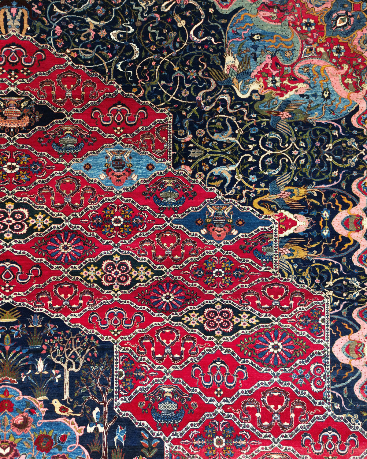 Antique Persian Bakhtiar Rug Circa 1920 | 10' 10" X 14' 1" |  Red & Midnight Blue Colours | Tribal Production