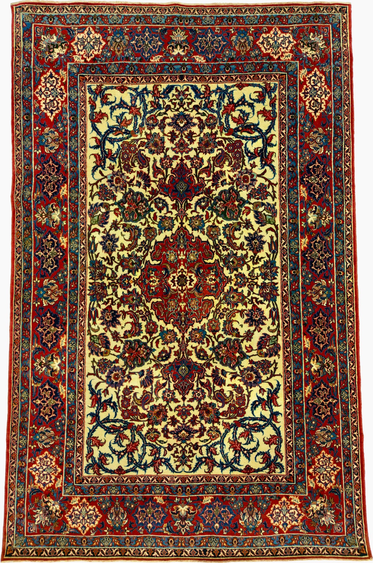 Antique Persian Isfahan Rug Circa 1930 | 4' 8" X 7' 4" | Ivory & Red Colours | Extremely Fine | Urban Production