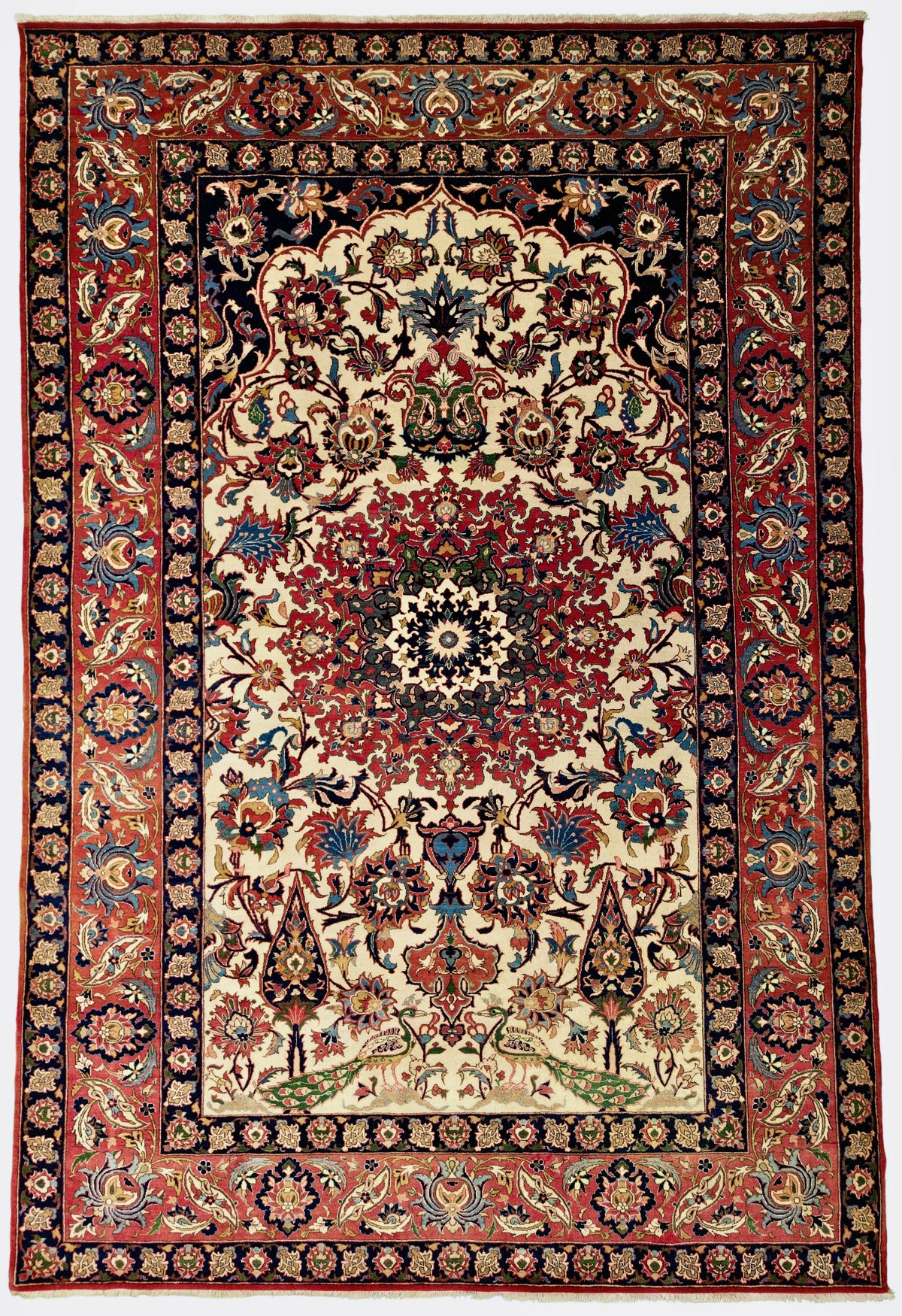 Antique Persian Isfahan Rug Circa 1920 | 4' 9" X 7' 1" | Floral Design | Ivory & Salmon Colours | Extremely Fine | Urban Production
