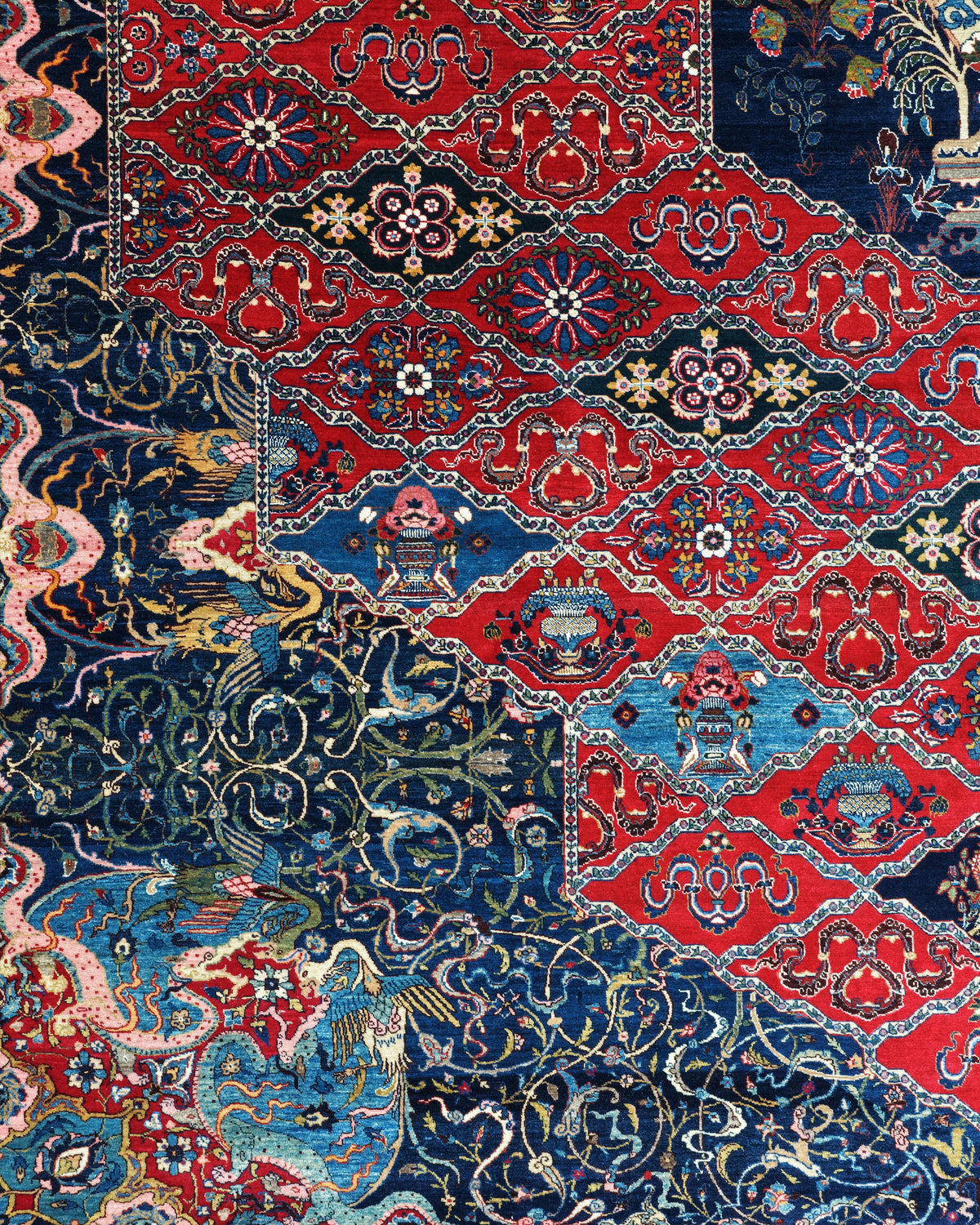 Antique Persian Bakhtiar Rug Circa 1920 | 10' 10" X 14' 1" |  Red & Midnight Blue Colours | Tribal Production
