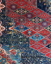 Antique Persian Bakhtiar Rug Circa 1920 | 10' 10" X 14' 1" |  Red & Midnight Blue Colours | Tribal Production