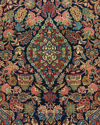 Antique Persian Kashan Rug Circa 1930 | 4' 4" X 6' 6" | Floral Design | Midnight-Blue & Green Colours | Finely Woven | Urban Production