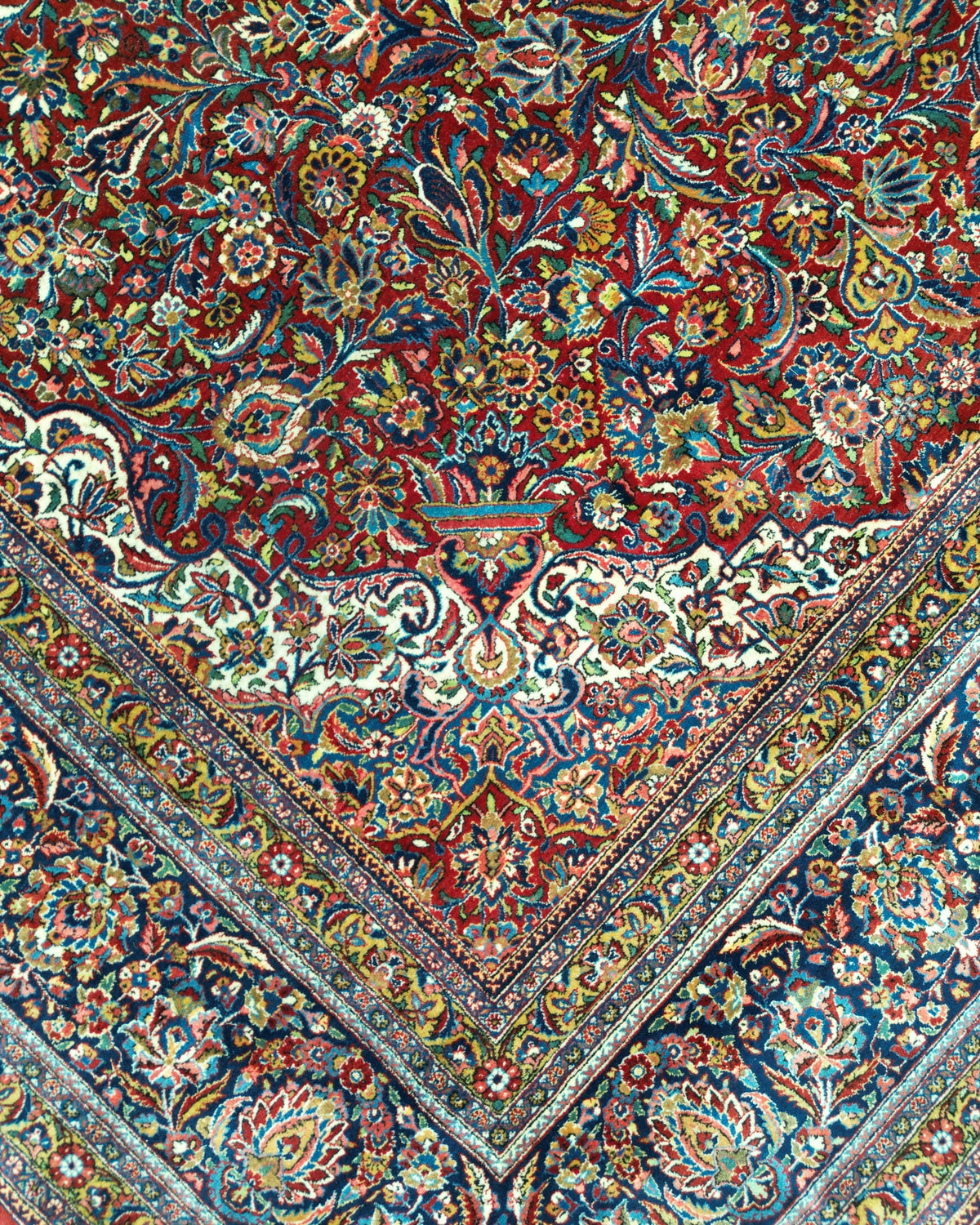 Antique Persian Kashan Rug Circa 1930 | 10' 1" X 16' 2" | Floral Design | Red & Navy Blue Colours | Finely Woven | Urban Production