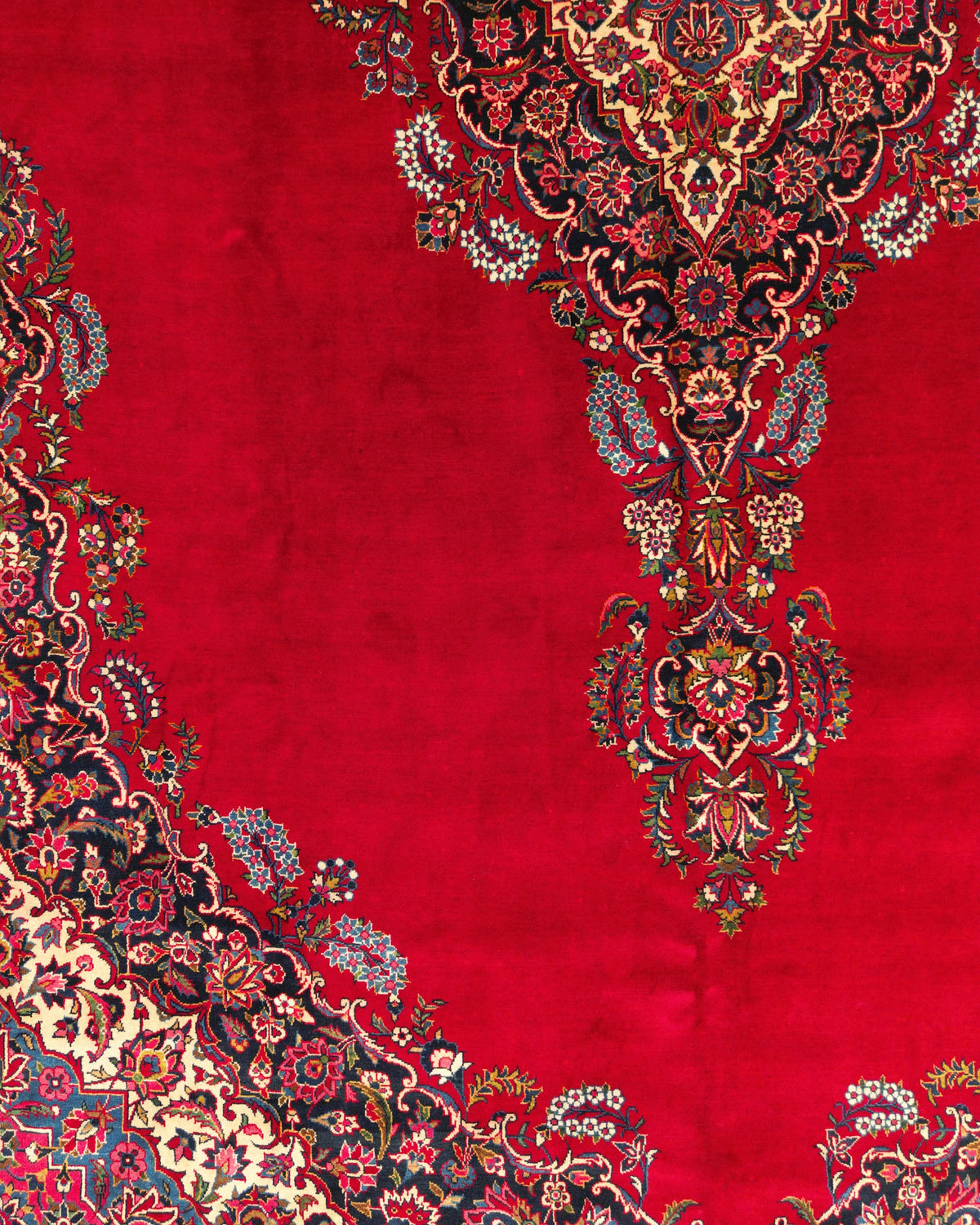 Vintage Persian Kashan Rug Circa 1950 | 10' 3" X 15' 7" | Large Size | Open-Field Design | Red & Navy-Blue Colours | Urban Production