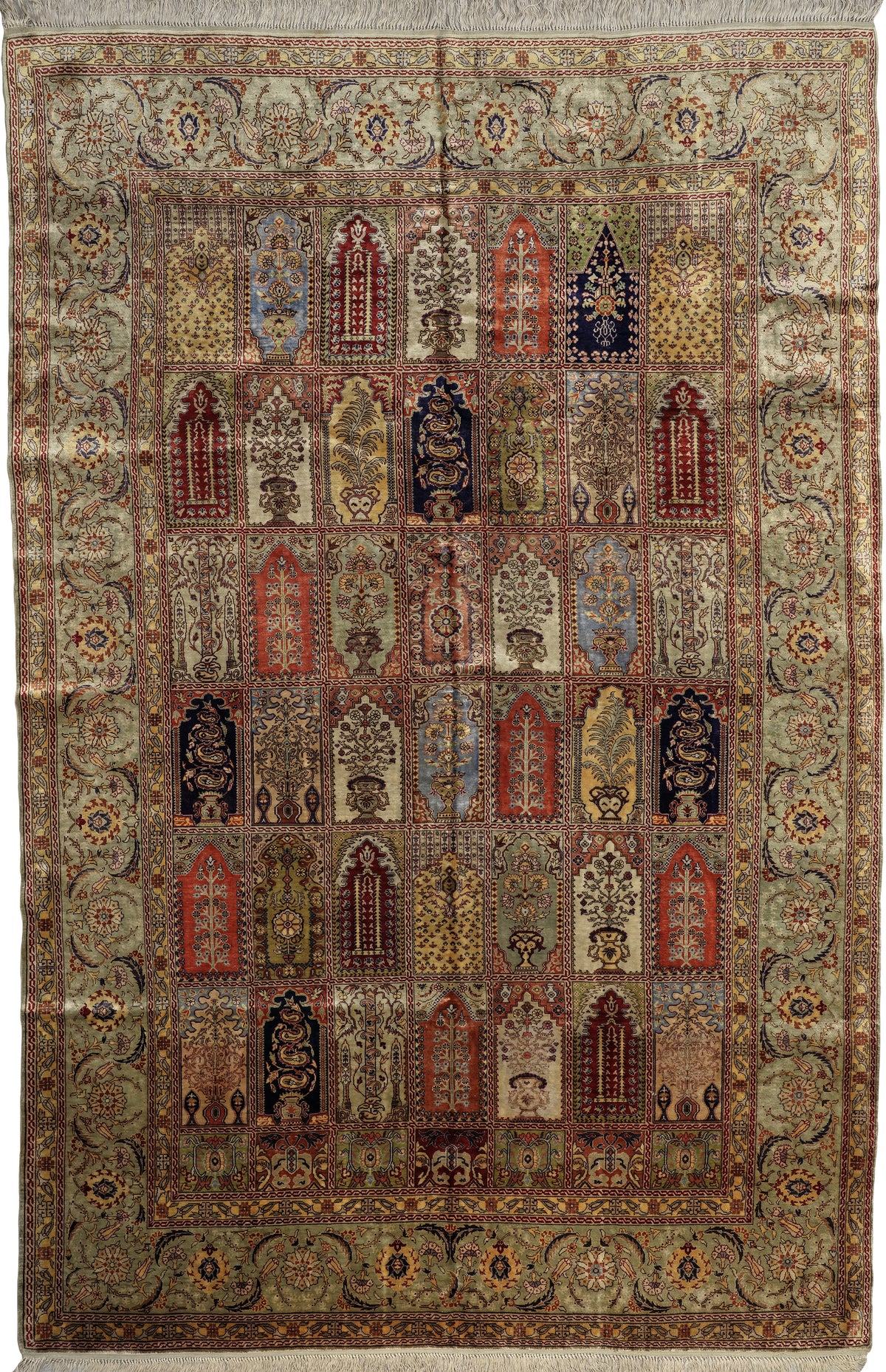 Kayseri Reproduction Rug | 5' 7" X 8' 5" | Garden-Panel Design | Multi-Colours | Pure Silk | Extremely Fine | Urban Production