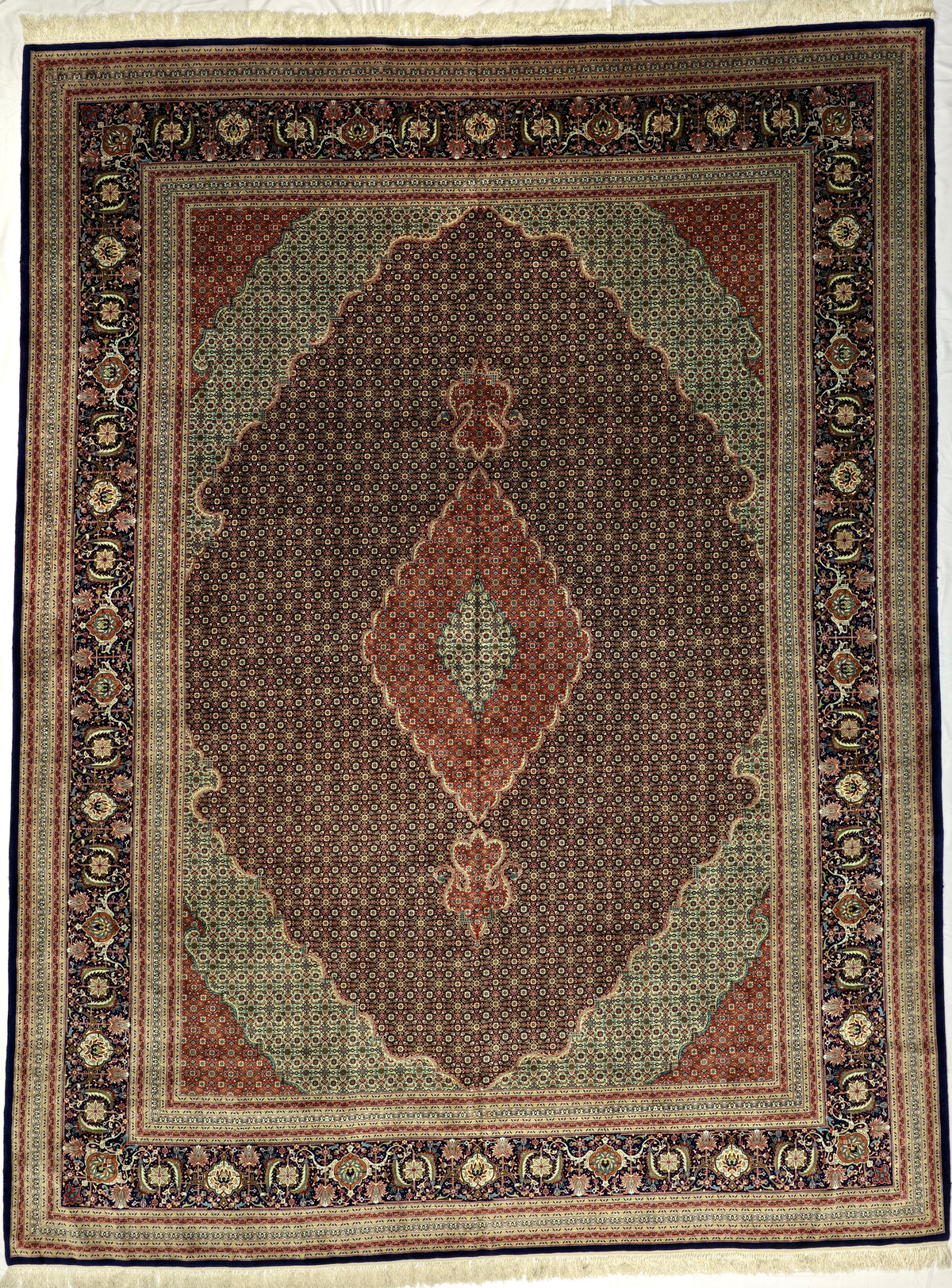Persian Tabriz Mahi Rug | 9' 9" X 12' 10" | Fish Design | Brown & Green Colours | Wool & Silk | Extremely Fine | Urban Production