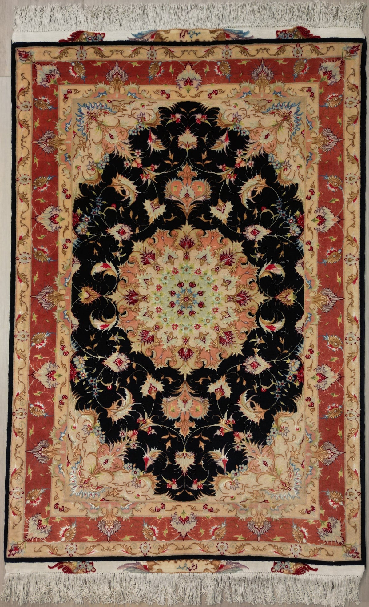 Persian Tabriz Rug | 3' 4" X 4' 11" | Peach & Black Colours | Urban Production