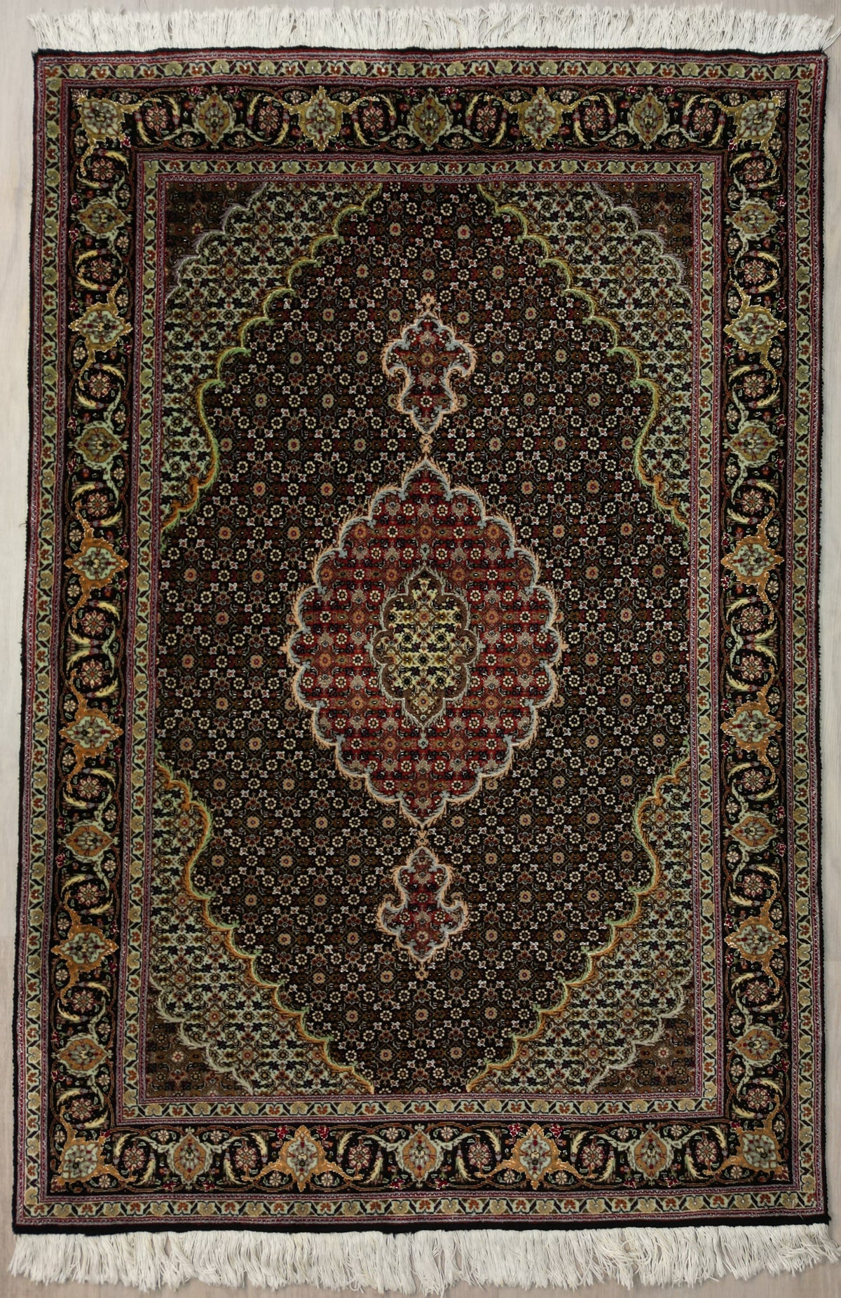 Persian Tabriz Rug | Mahi/Fish Design | 3' 4" X 4' 11" | Black & Brown Colours | Urban Production