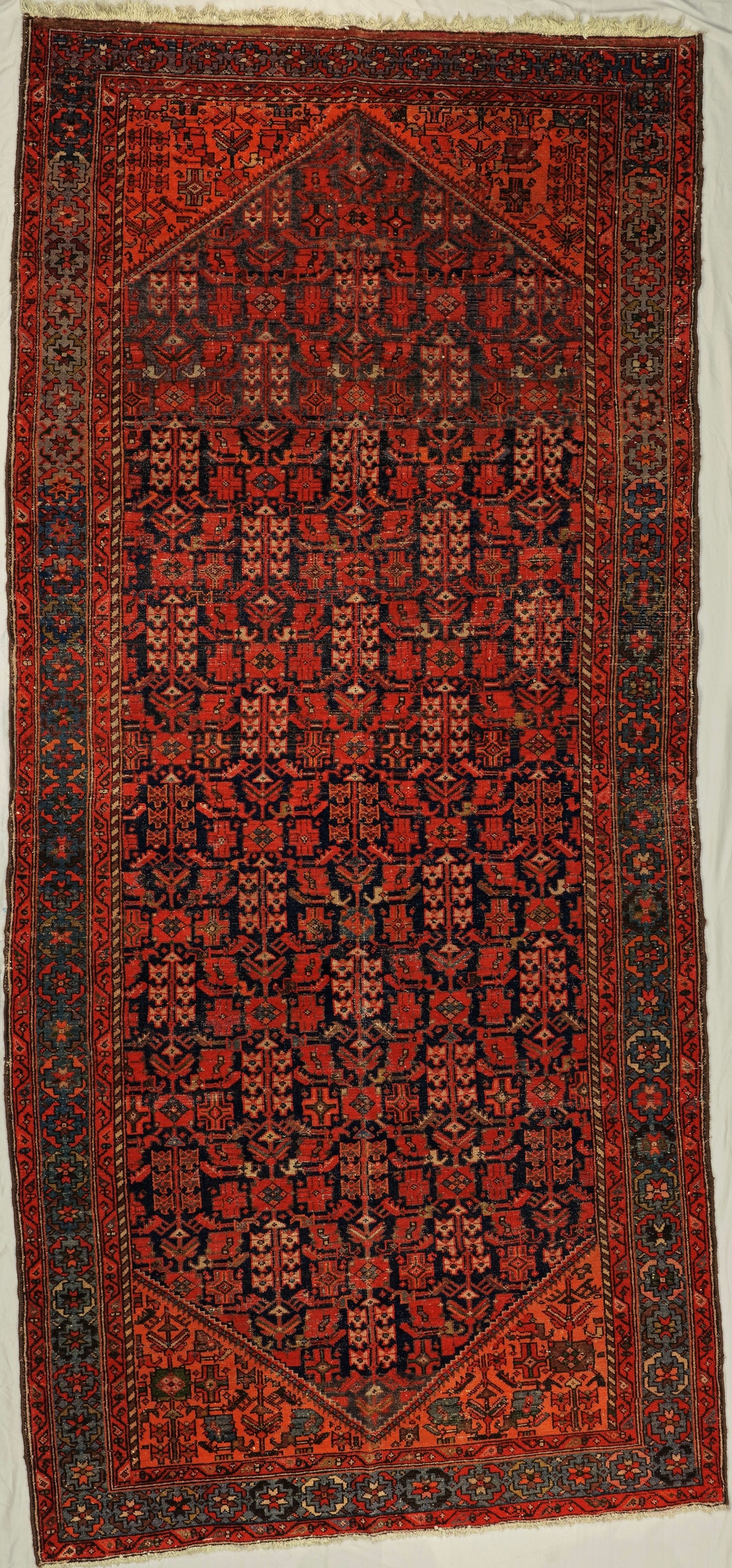 Antique Persian Malayer Rug Circa 1900 | 5' 10" X 12' 8" | Geometric Design | Red & Navy-Blue Colours | Tribal Production