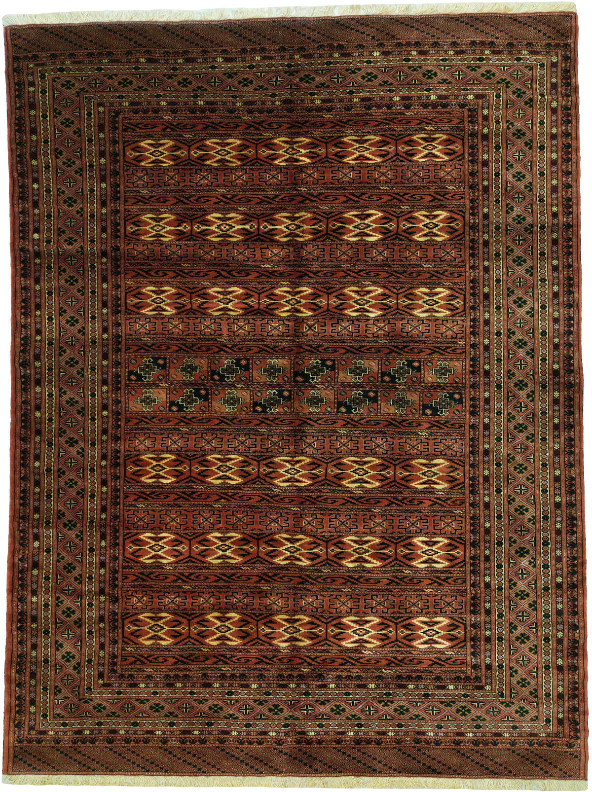 Persian Turkmen Rug | 7' 0" X 9' 3" | Intricate Geometric Design | Brick Colour | Tribal Production