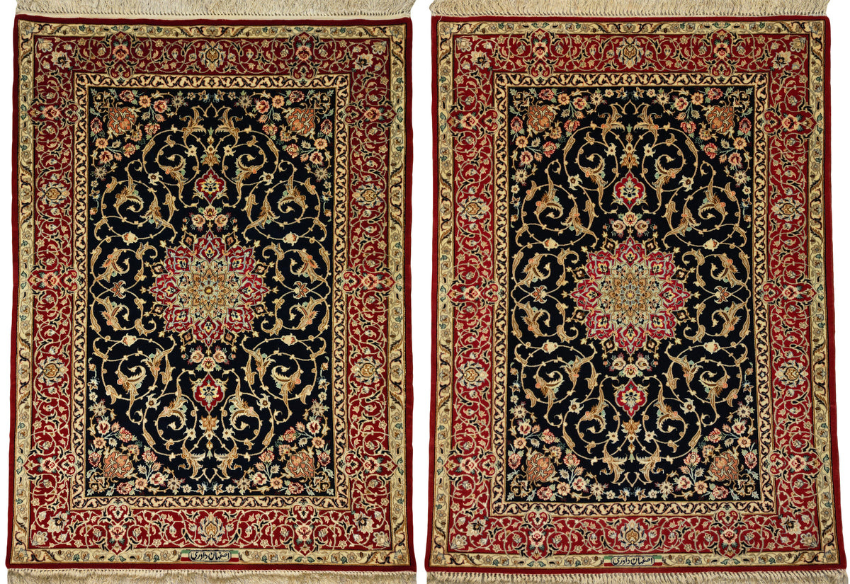 Persian Isfahan Rug Pair | 3' 7" X 4' 10" & 3' 6" X 4' 9" | Navy-Blue & Red Colours | Urban Production