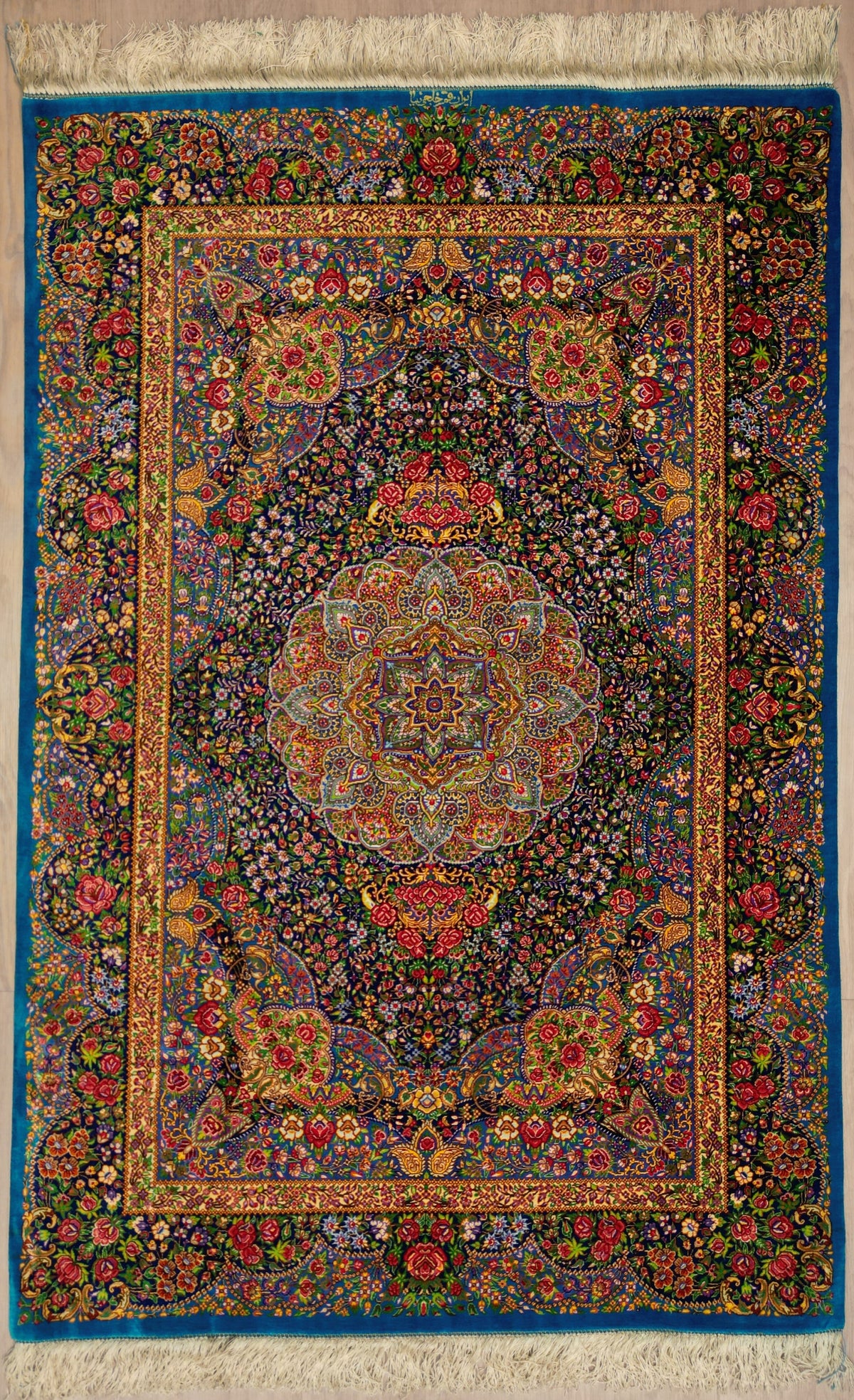 Persian Qom Rug | 3' 3" X 4' 11" | Blue Colour | Pure Silk | Extremely Fine| Urban Production