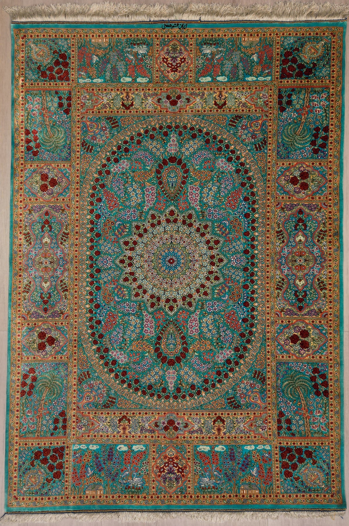 Persian Qom Rug | 3' 4" X 4' 11" | Sky-Blue Colour | Pure Silk | Extremely Fine| Urban Production