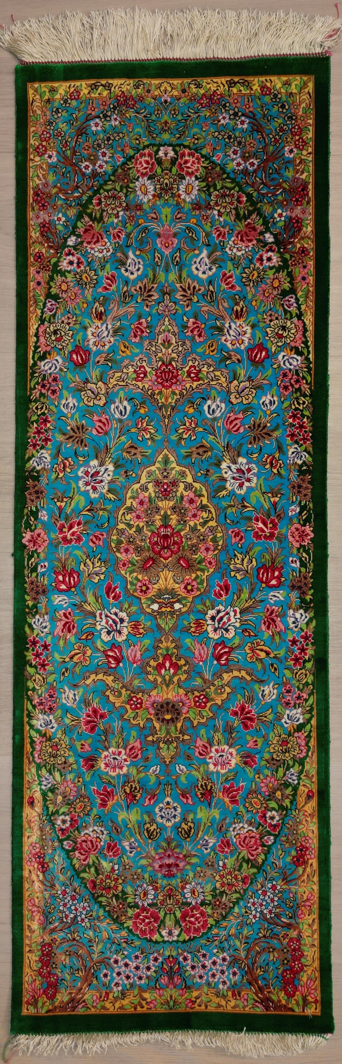 Persian Qom Rug | 1' 3" X 3' 10" | Blue & Green Colours | Pure Silk | Extremely Fine| Urban Production