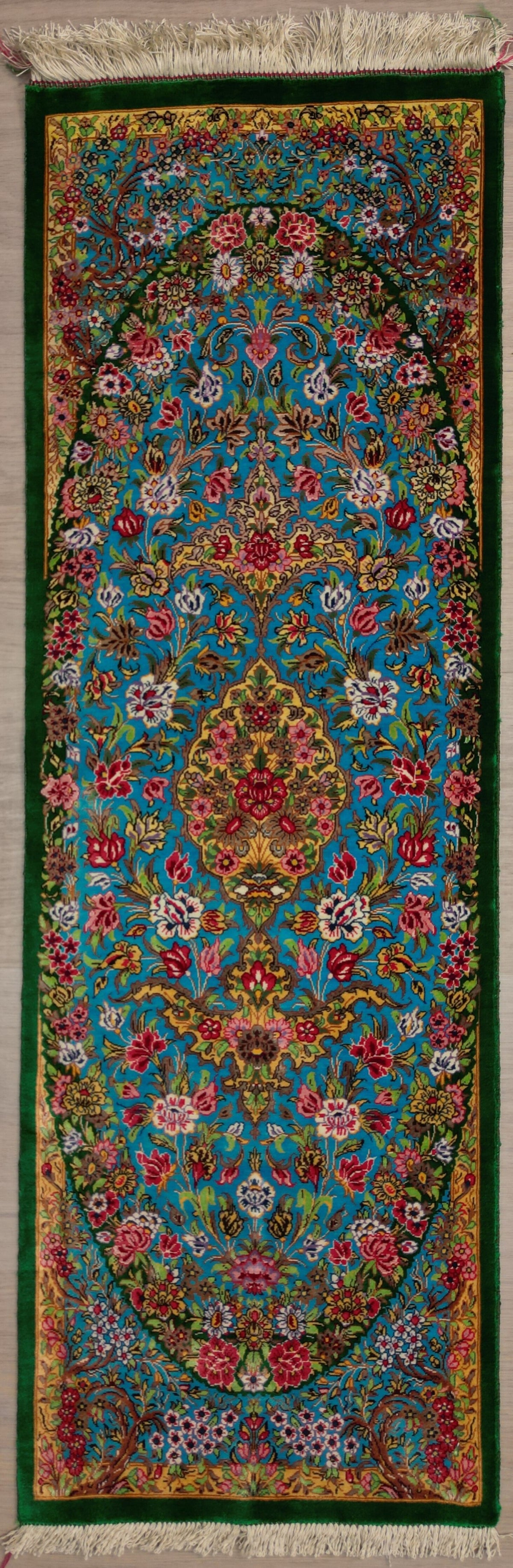 Persian Qom Rug | 1' 3" X 3' 10" | Blue & Green Colours | Pure Silk | Extremely Fine| Urban Production