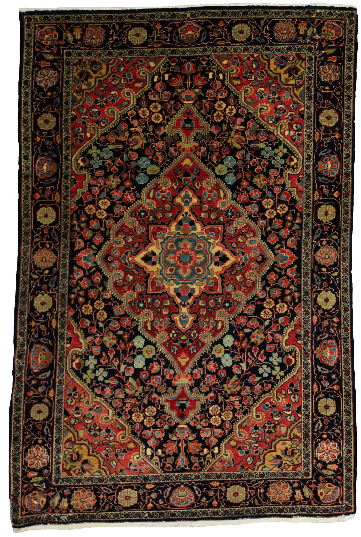 Vintage Persian Jowzan Rug Circa 1940 | 3' 4" X 4' 12" | Brick-Red & Midnight-Blue Colours | Tribal Production