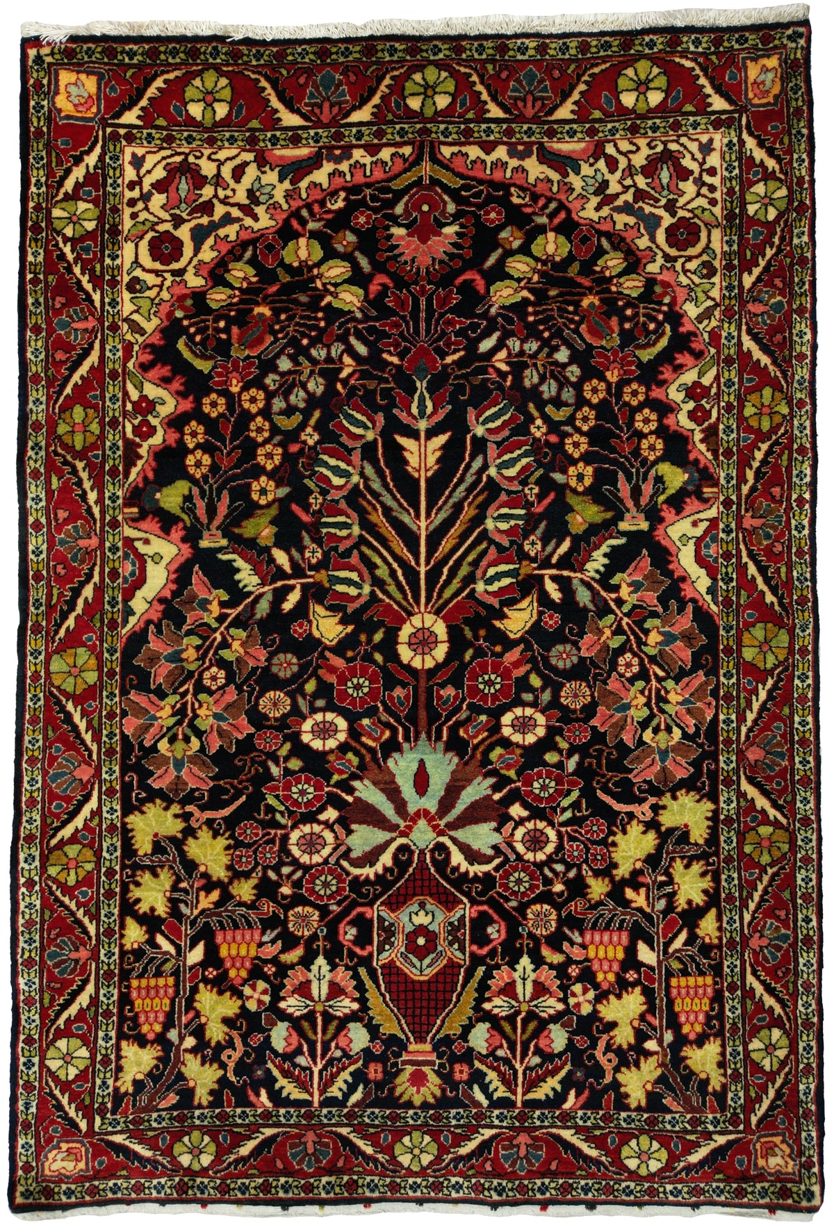 Vintage Persian Jowzan Rug Circa 1950| 3' 6" X 5' 0" | Brick-Red & Midnight-Blue Colours | Tribal Production