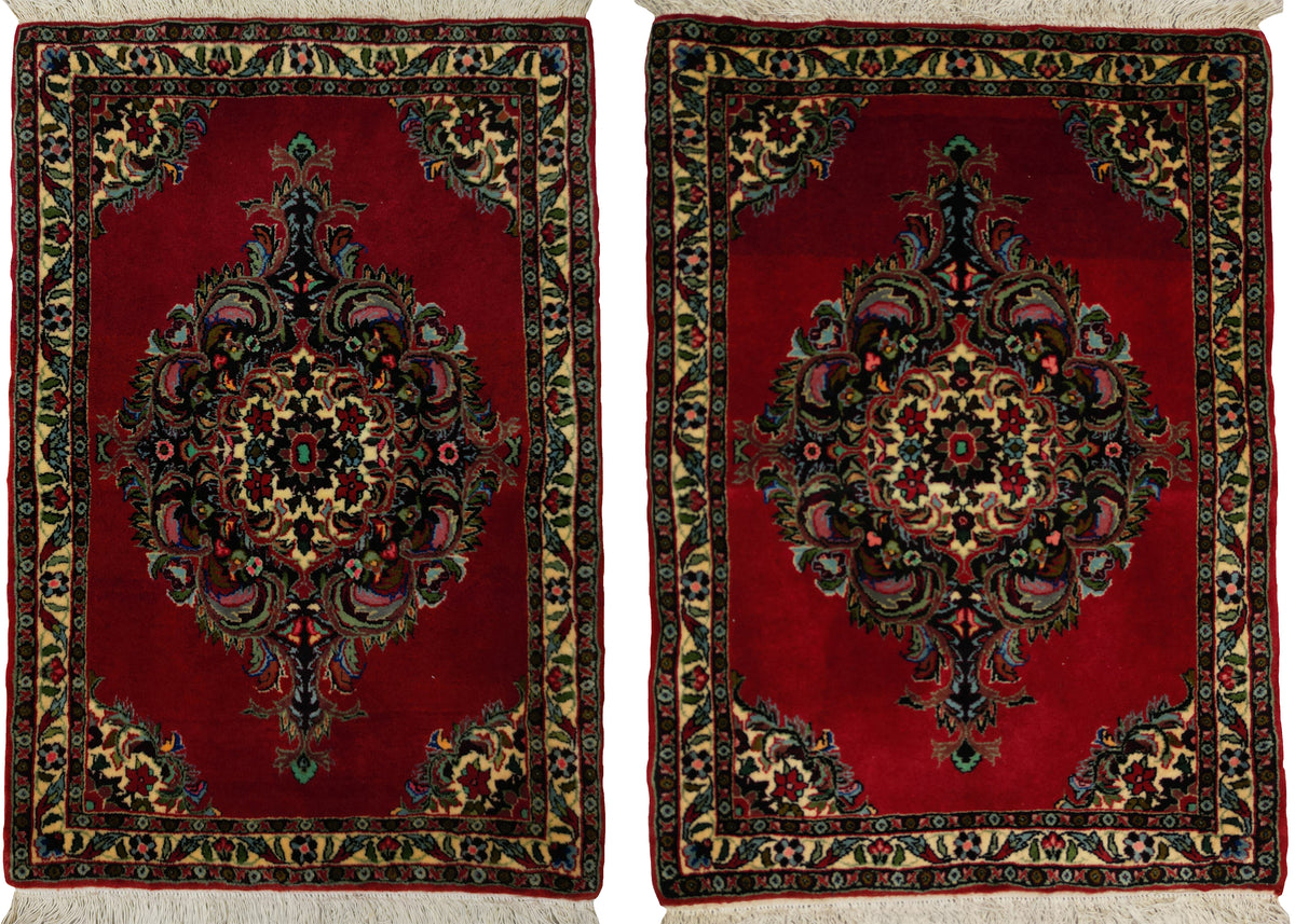 Persian Bijar Rug Pair | 1' 10" X 2' 7" & 2' X 2' 7" | Red & White Colours | Urban Production