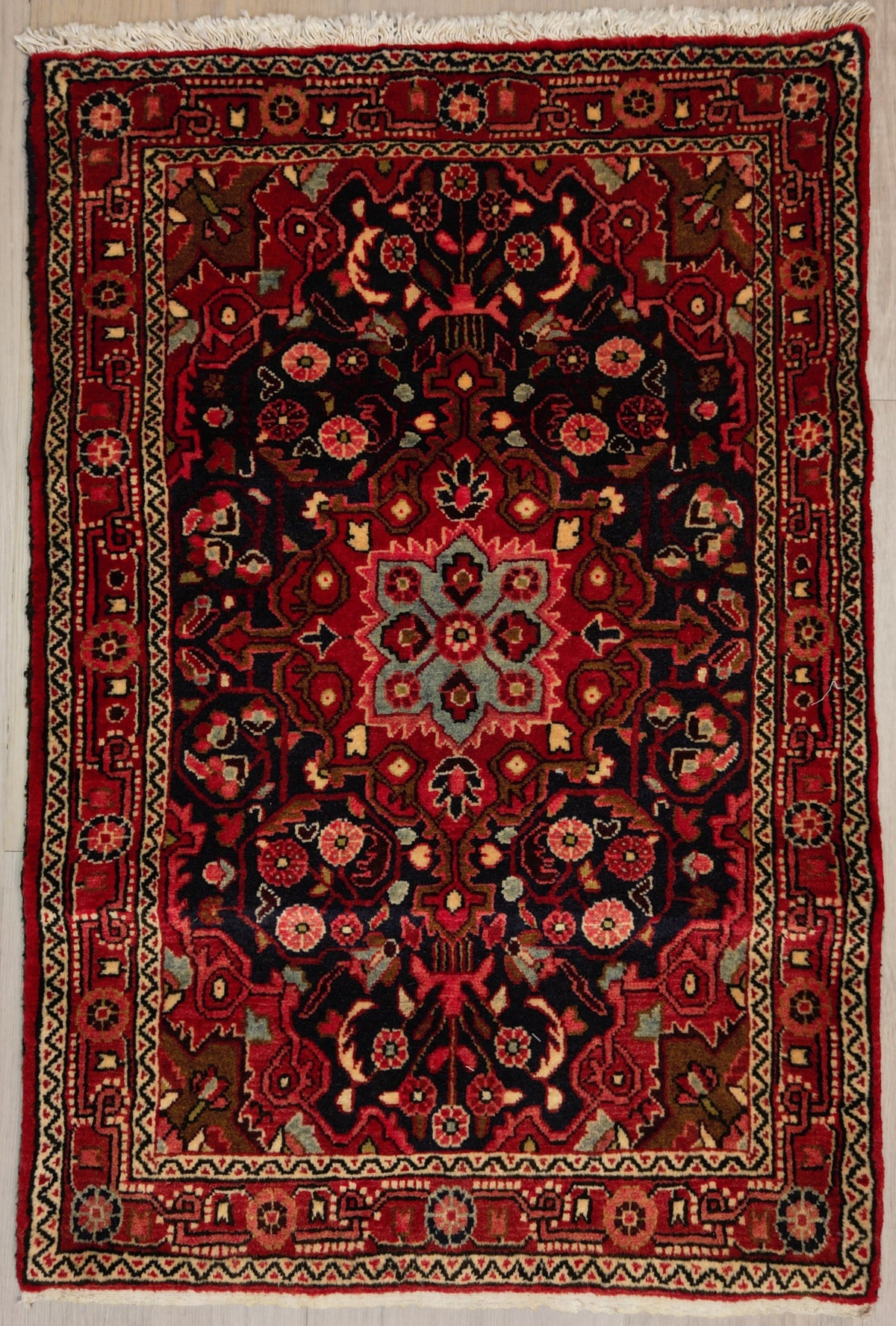 Persian Jowzan Rug | 2' 2" X 3' 3" | Midnight-Blue & Red Colours | Tribal Production