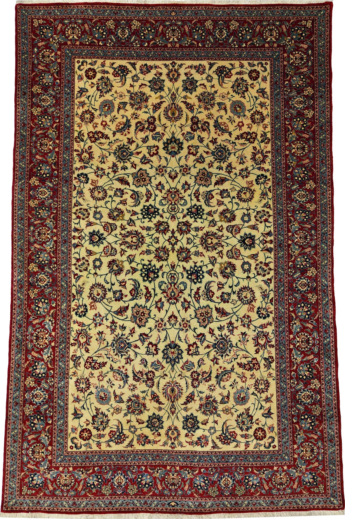 Vintage Persian Nain Tudeshk Rug Circa 1960 | 4' 11" X 7' 8" | Floral Design | Ivory & Red Colours with Blue Accents | Extremely Fine | Urban Production
