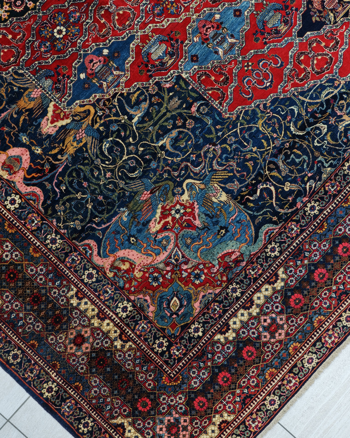 Antique Persian Bakhtiar Rug Circa 1920 | 10' 10" X 14' 1" |  Red & Midnight Blue Colours | Tribal Production
