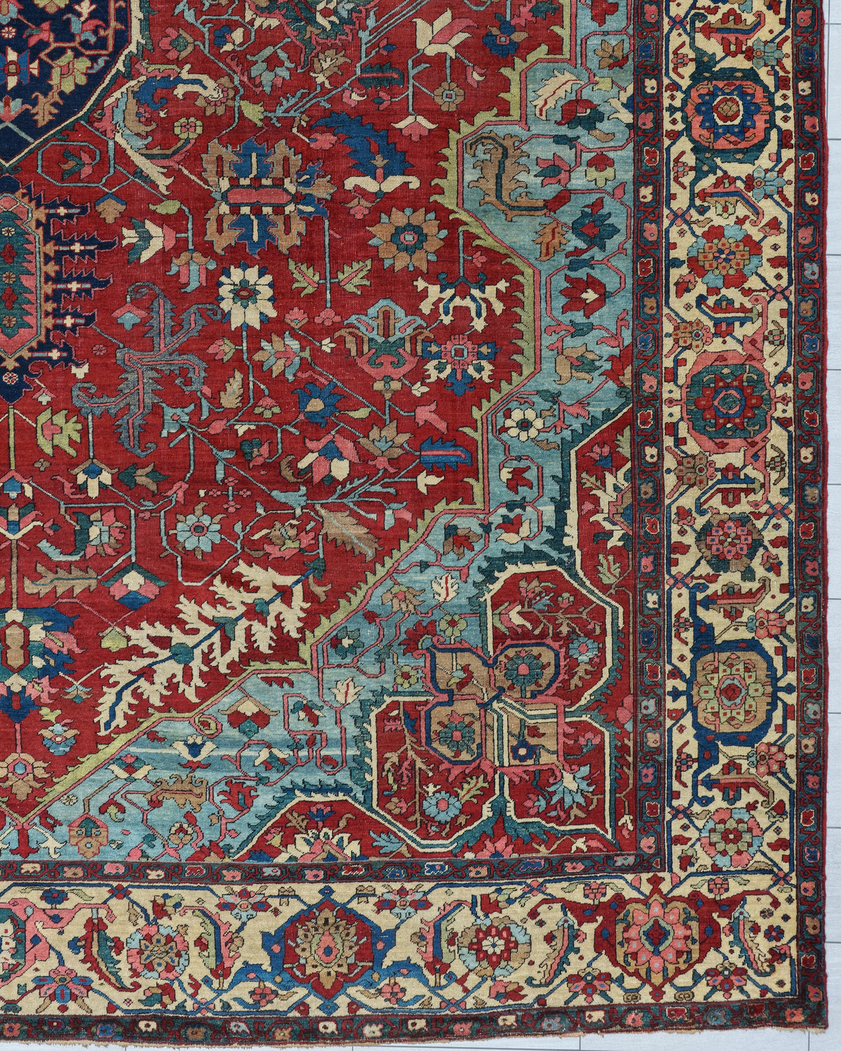 Antique Persian Serapi Heriz Rug Circa 1880 | 14' 5" X 23' | Multicolour Jewel Tones | Geometric Design | Tribal Production