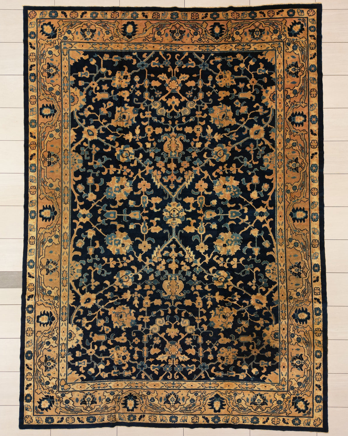 Antique Tibetan Rug | 9' X 12' 6" | Dark-Blue & Peach Colours | Urban Production