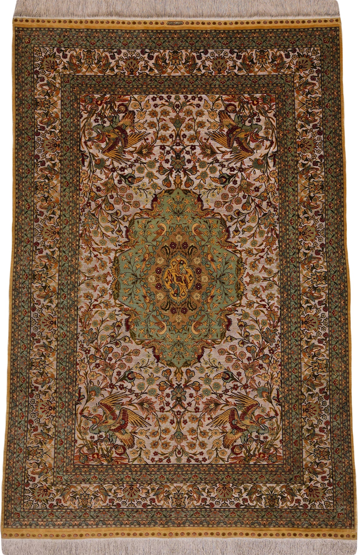 Vintage Turkish Ozipek Hereke Rug Circa 1980 | 4' X 5' 11" | Light Colours | Silk & Metal Thread | Extremely Fine | Urban Production