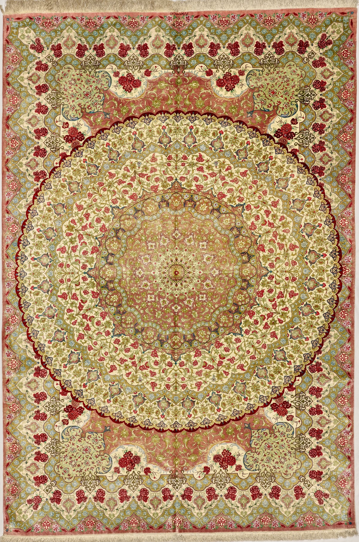 Persian Qom Rug | 6' 6" X 9' 7" | Ivory & Peach Colours | Pure Silk | Extremely Fine | Urban Production