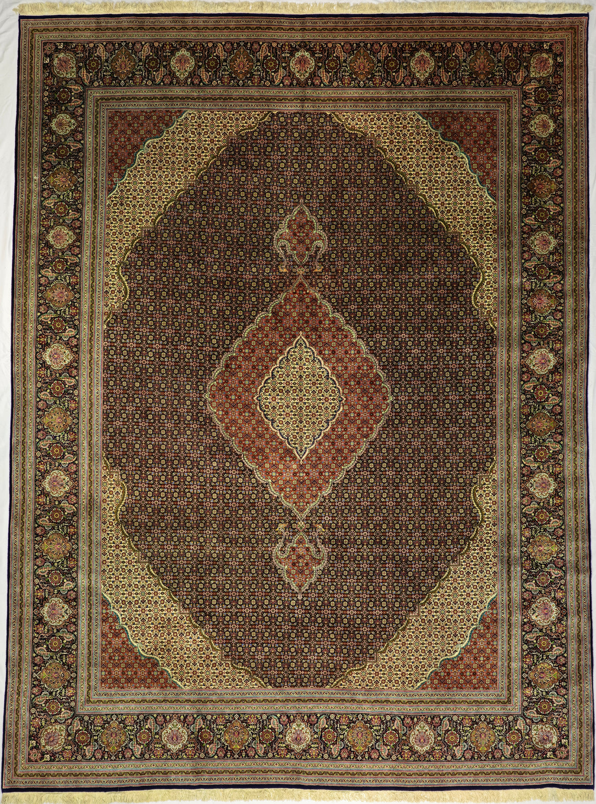 Persian Tabriz Mahi Rug | 9' 9" X 13' 1" | Fish Design | Wool & Silk | Extremely Fine | Urban Production