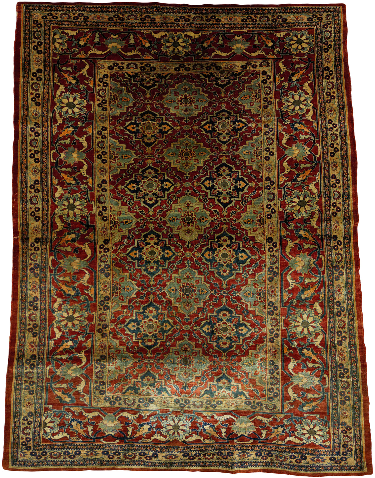 Antique Persian Silk Heriz Rug Mid-19th Century | 4' 6" X 5' 11" | Allover Design | Red Colour | Very Fine | Tribal Production