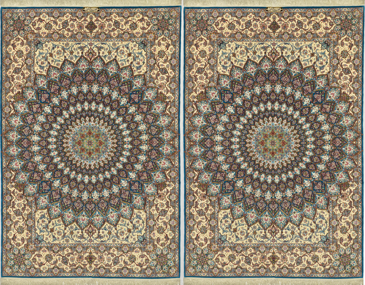 Persian Isfahan Rug Pair | 6' 8" X 10' 1" Each | Wool & Silk | Dome/Gonbad Design | Aqua & Ivory Colours | Extremely Fine | Urban Production