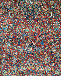 Antique Persian Kashan Rug Circa 1930 | 10' 1" X 16' 2" | Floral Design | Red & Navy Blue Colours | Finely Woven | Urban Production