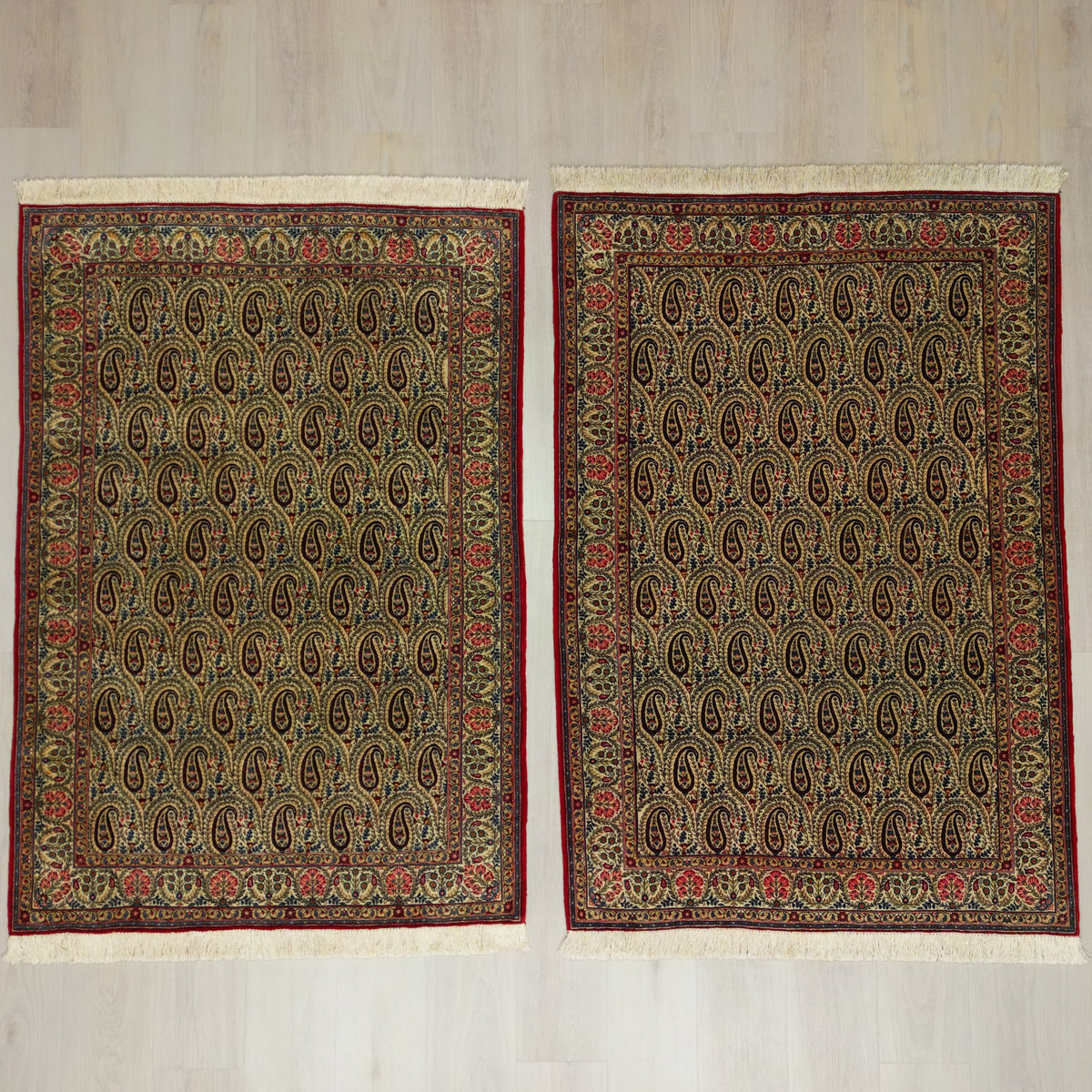 Vintage Persian Qom Rug Pair Circa 1960 | 4' 9" X 6' 10" & 4' 8" X 6' 9" | Light Colours | Urban Production