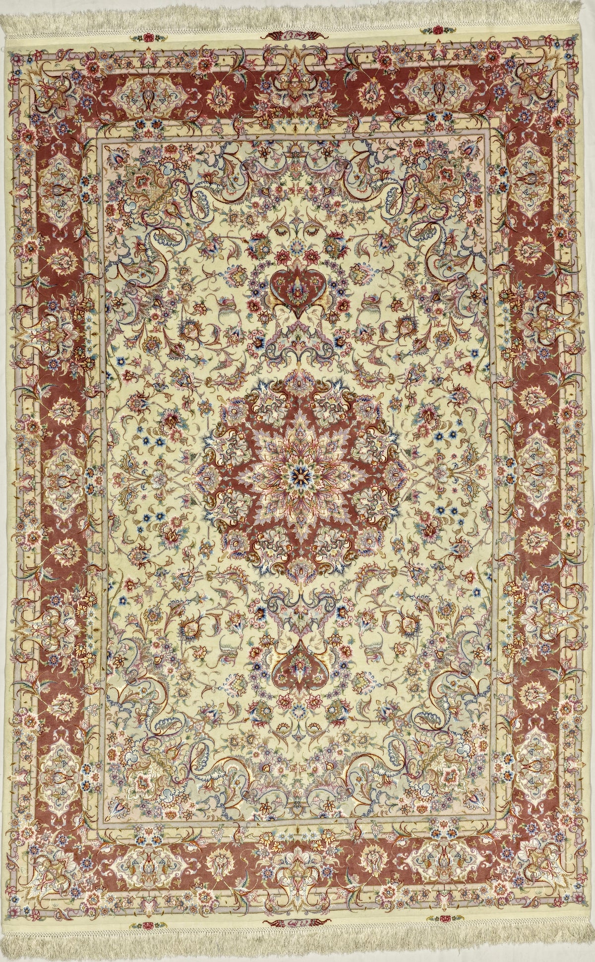 Persian Tabriz Rug | 6' 8" X 9' 11" | Ivory & Peach Colours | Wool & Silk | Extremely Fine | Urban Production