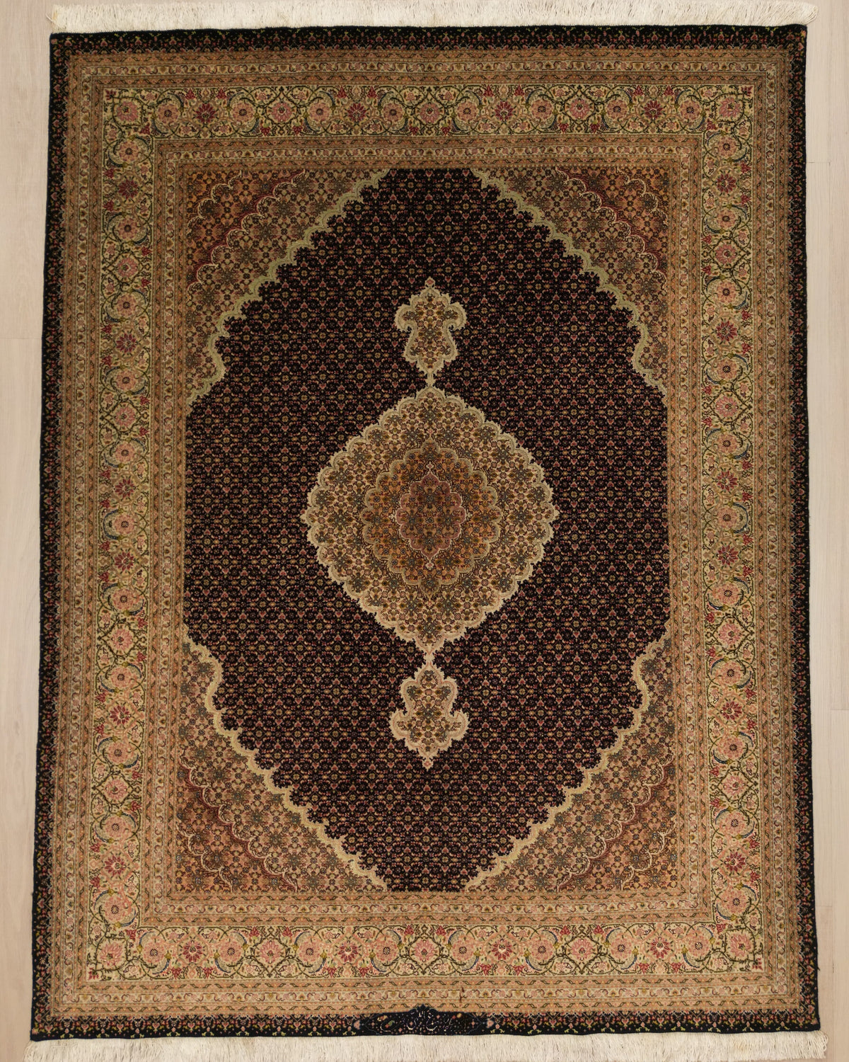 Persian Tabriz Mahi Rug | 5' 1" X 6' 8" | Black & Beige Colours | Mahi/Fish Design | Urban Production